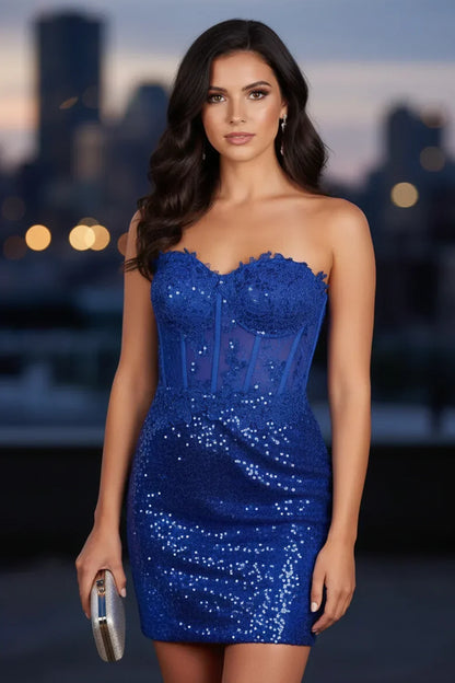 Sheath Illusion Lace Appliques and Sequins Strapless Homecoming Dress| Sevoba