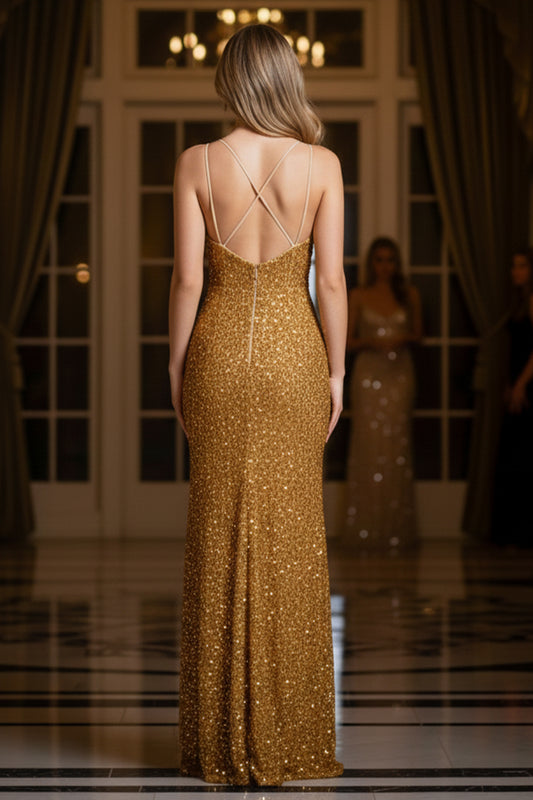 Back view of Sevoba gold sequin evening gown showing criss-cross spaghetti straps and a fitted silhouette, indoor ballroom background
