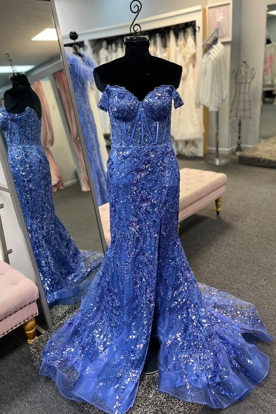 Sevoba|Off-the-Shoulder Sequin Lace Mermaid Long Dress with High Slit
