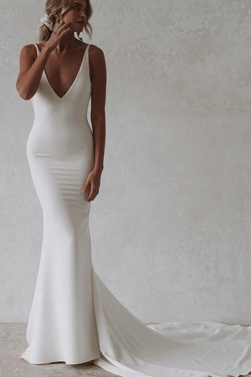 Sevoba|Elegant Mermaid V-Neck Elastic Satin Long Wedding Dresses