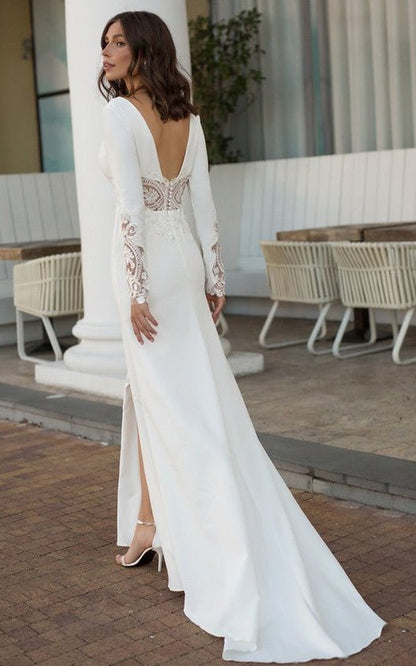 Sevoba|Casual V-neck mermaid Sweep Train Long Sleeve Wedding Dress With Slit