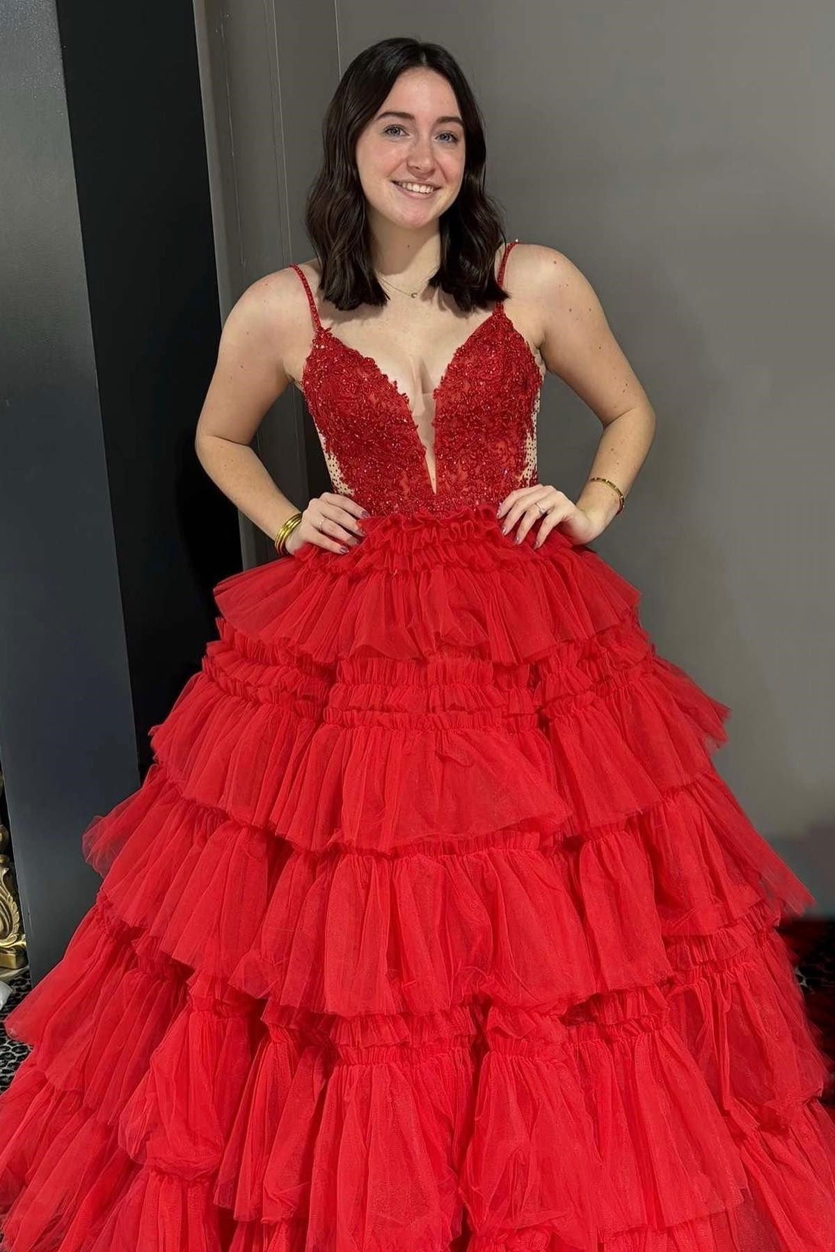 Sevoba|Spaghetti Strap V-Neck Sleeveless Ruffle Tiered Tulle Long Prom Dress