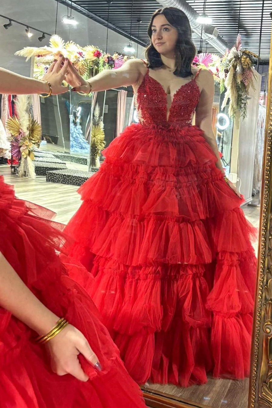 Sevoba|Spaghetti Strap V-Neck Sleeveless Ruffle Tiered Tulle Long Prom Dress