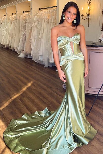 Sevoba|Classy Strapless Keyhole Mermaid Satin Long Prom Dress with Slit