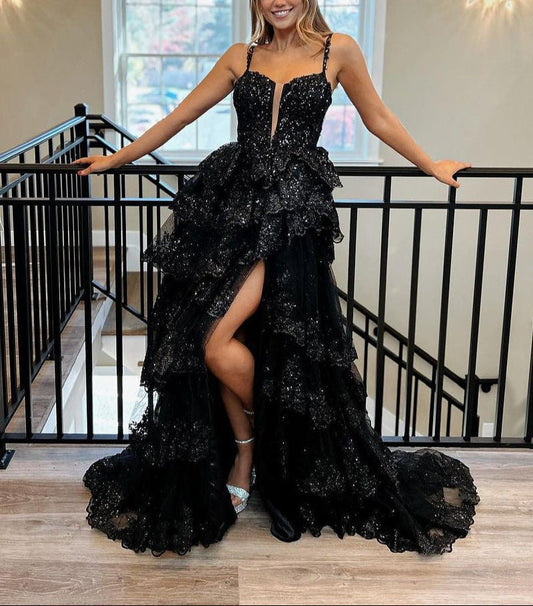 Martha | Straps Fuchsia Sequin Layered Formal Dress with Slit