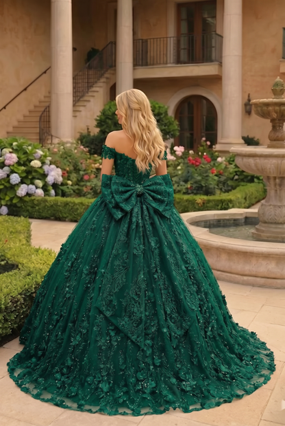 Charming Ball Gown Cold Shoulder Quinceañera Dress With Floral Lace and Bow | Sevoba