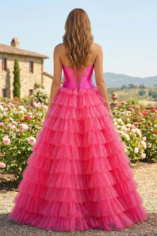 A-Line Sweetheart Keyhole Tiered Tulle Long Prom Dresses with 3D Flower | Sevoba