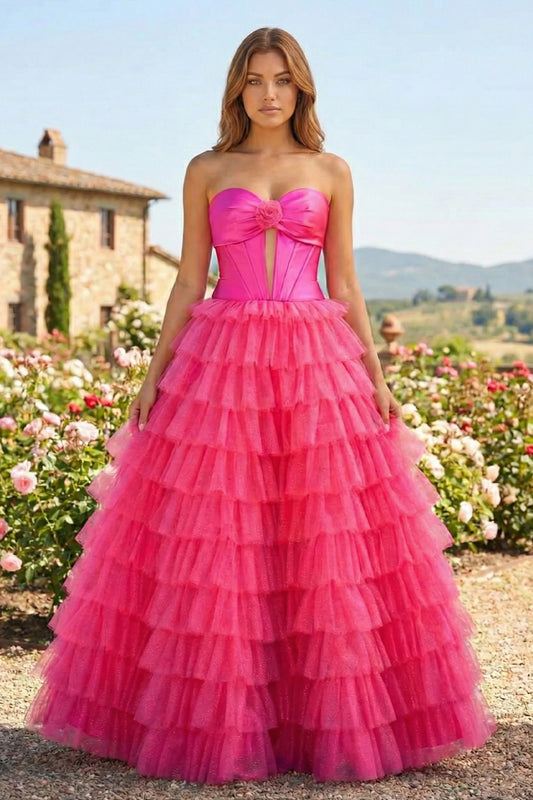 A-Line Sweetheart Keyhole Tiered Tulle Long Prom Dresses with 3D Flower | Sevoba