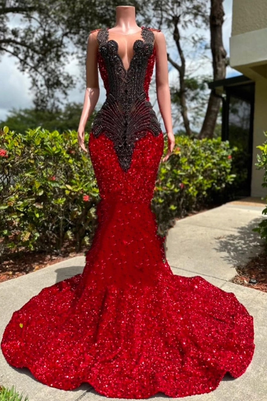 Beautiful Long V-neck Burgundy Sequined Prom Party Dresses