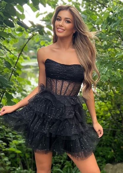 Black Sparkly Strapless Multi-Layers Tulle Homecoming Dress