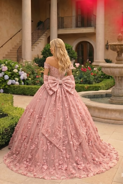 Charming Ball Gown Cold Shoulder Quinceañera Dress With Floral Lace and Bow | Sevoba