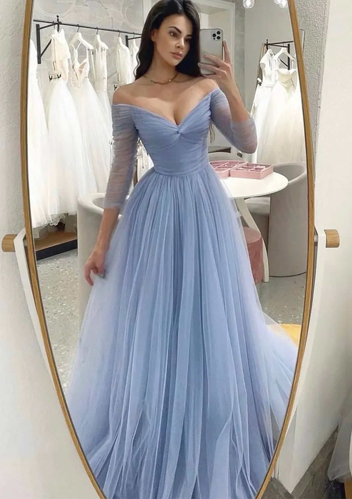 A-line Off-the-Shoulder Full/Long Sleeve Sweep Train Tulle Prom Dress With Pleated