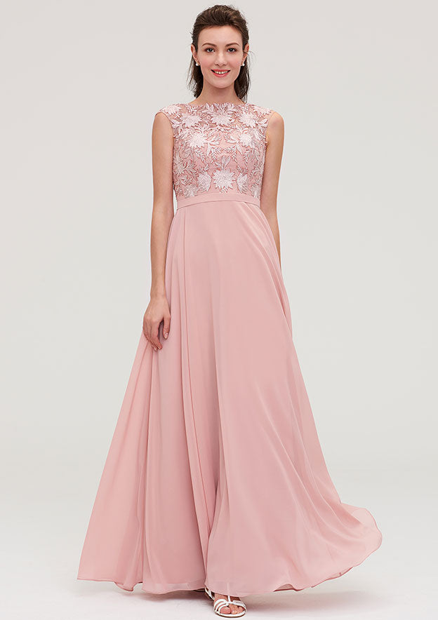 A-line/Princess Bateau Sleeveless Long/Floor-Length Chiffon Bridesmaid Dresses With Sashes Appliqued