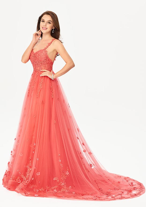 Princess A-line Sweetheart Sleeveless Tulle Satin Court Train Prom Dress With Fringe Flowers Lace