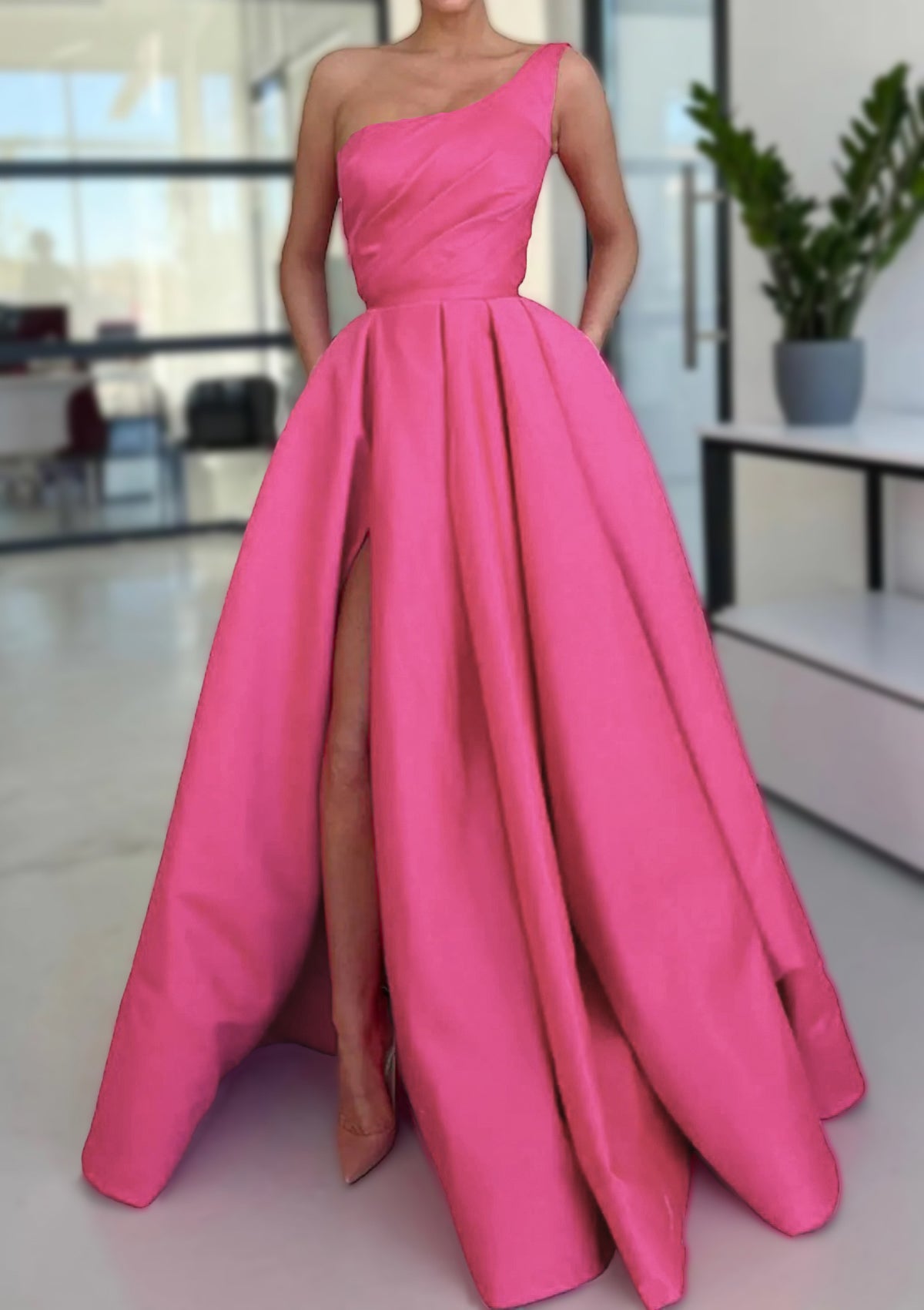 A-line Sleeveless One-Shoulder Long/Floor-Length Satin Prom Dress With Split Ruffles Pockets