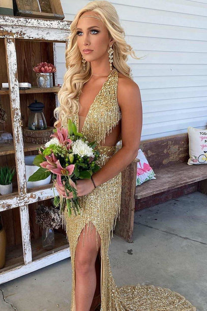 Sevoba|Black Sequin Fringe Halter Long Prom Dress with Slit