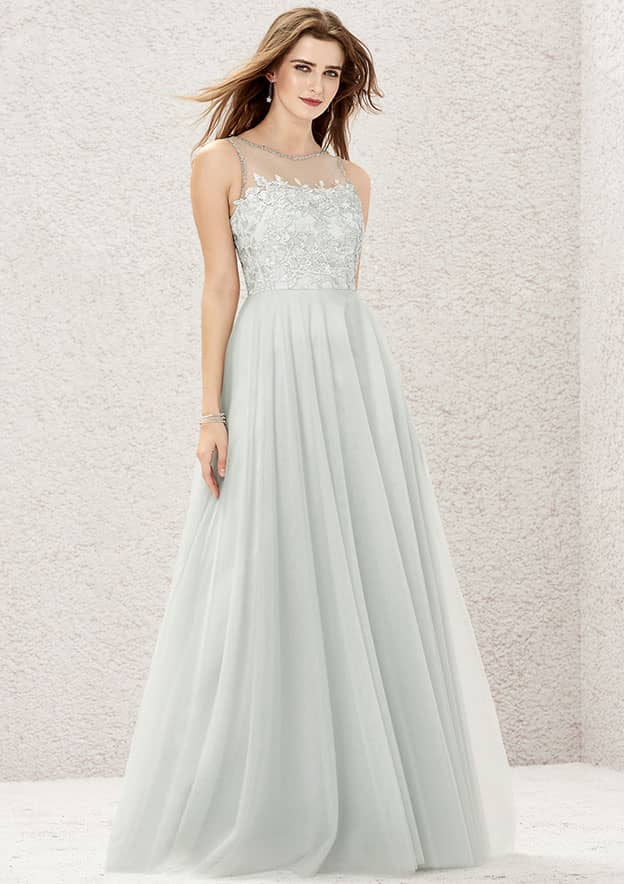 A-line Illusion Neck Sleeveless Long/Floor-Length Tulle Satin Bridesmaid Dress With Beading Appliqued