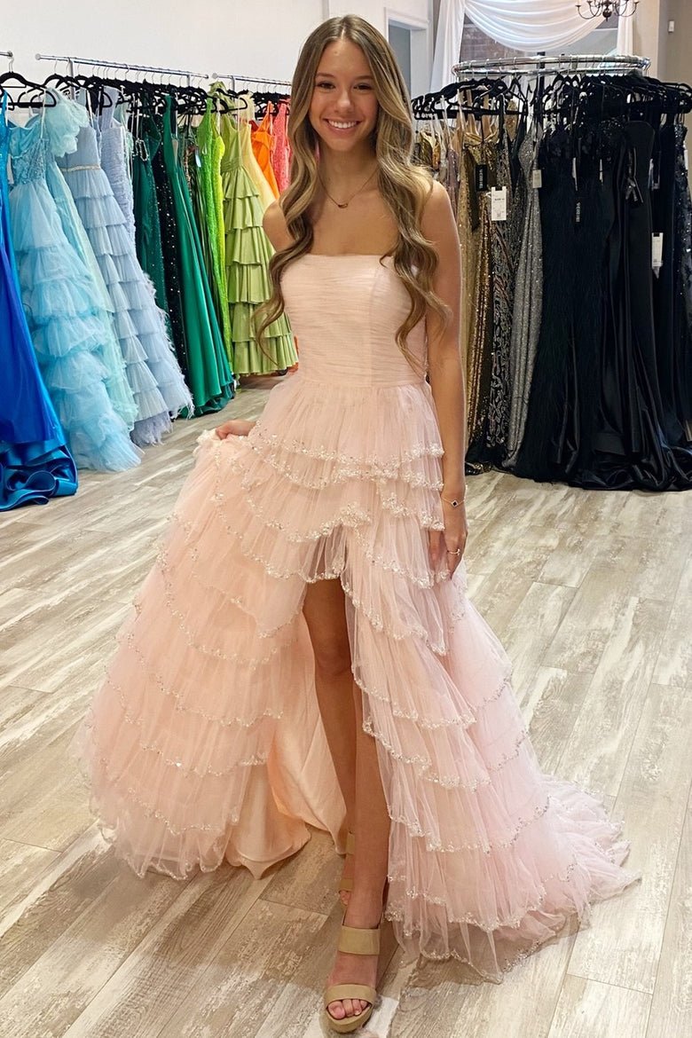 Sevoba|Light Blue Strapless Layered Tulle Prom Dress with Sequins