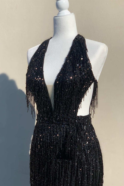 Sevoba|Black Sequin Fringe Halter Long Prom Dress with Slit