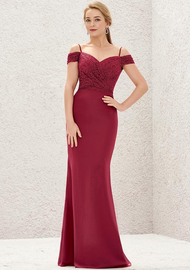 Trumpet/Mermaid Off-the-Shoulder Sleeveless Chiffon Long/Floor-Length Bridesmaid Dress With Pleated Lace