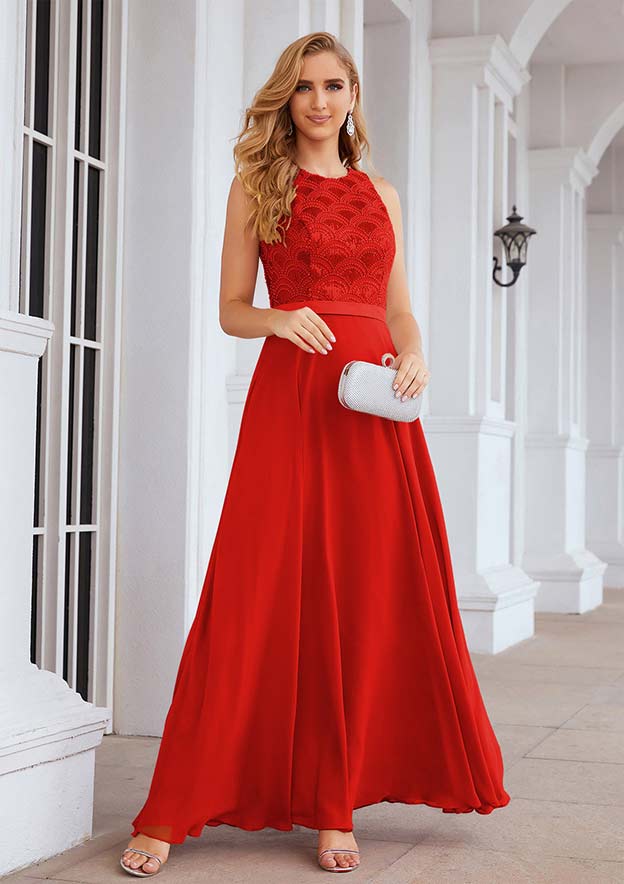 A-line Empire Scalloped Neck Sleeveless Chiffon Long/Floor-Length Bridesmaid Dress With Beading Sequins