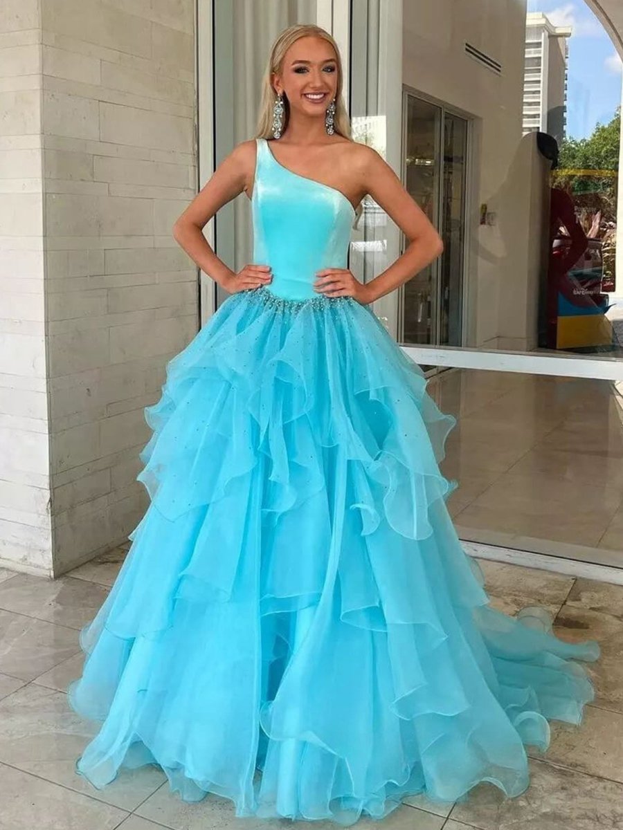 Belinda | Ruffle One Shoulder Royal Blue Velvet Top Long Formal Dress