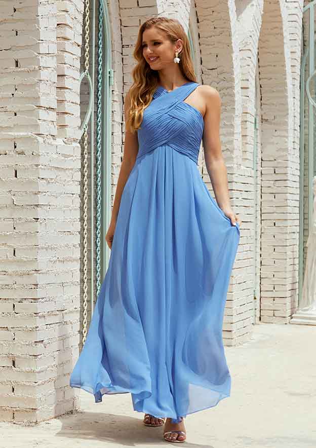 Empire A-line Halter Sleeveless Chiffon Long/Floor-Length Bridesmaid Dress With Pleated