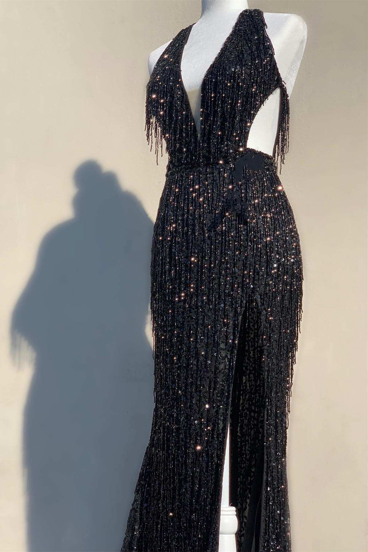 Sevoba|Black Sequin Fringe Halter Long Prom Dress with Slit