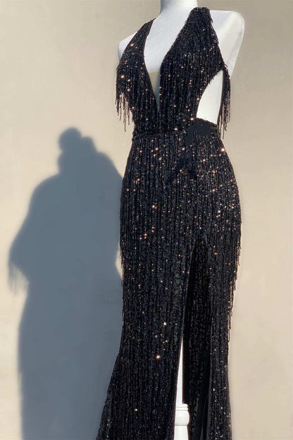 Sevoba|Black Sequin Fringe Halter Long Prom Dress with Slit