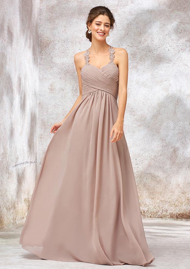 A-line Sweetheart Sleeveless Chiffon Long/Floor-Length Bridesmaid Dress With Lace Pleated