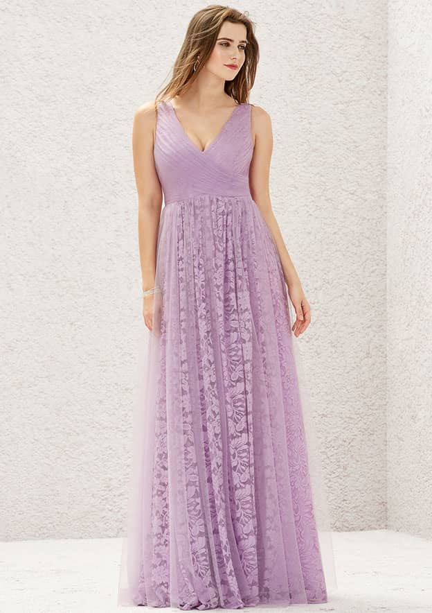 A-line V Neck Sleeveless Long/Floor-Length Lace Tulle Bridesmaid Dress With Pleated