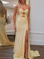 Sevoba | Glitter Mermaid Yellow Sweetheart Cut-out Long Prom Dress with Beading
