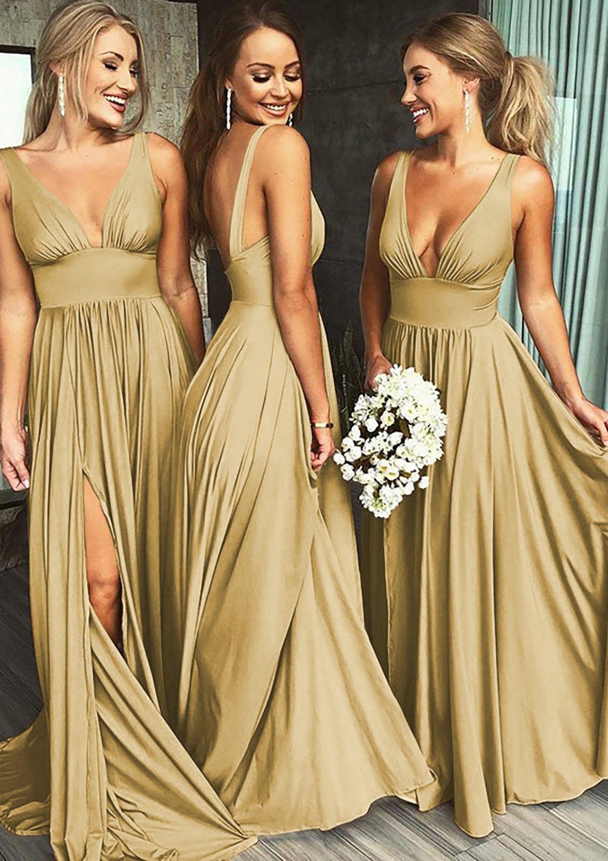 Jersey Bridesmaid Dress A-Line/Princess V-Neck Sweep Train With Split Front Pleated Waistband