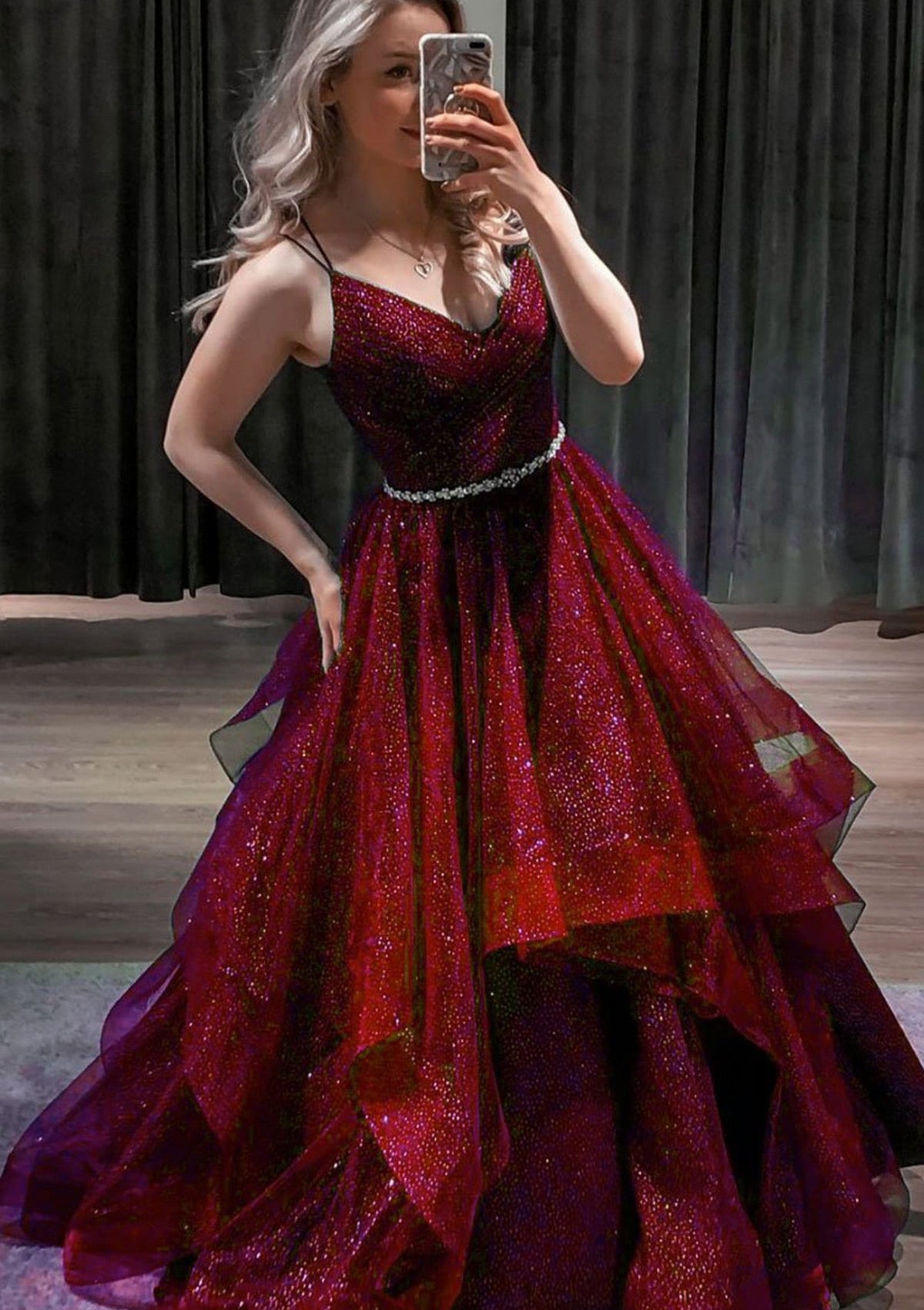 Princess A-line V Neck Spaghetti Straps Long/Floor-Length Glitter Prom Dress With Beading Pleated