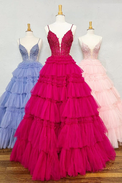 Sevoba|Spaghetti Strap V-Neck Sleeveless Ruffle Tiered Tulle Long Prom Dress