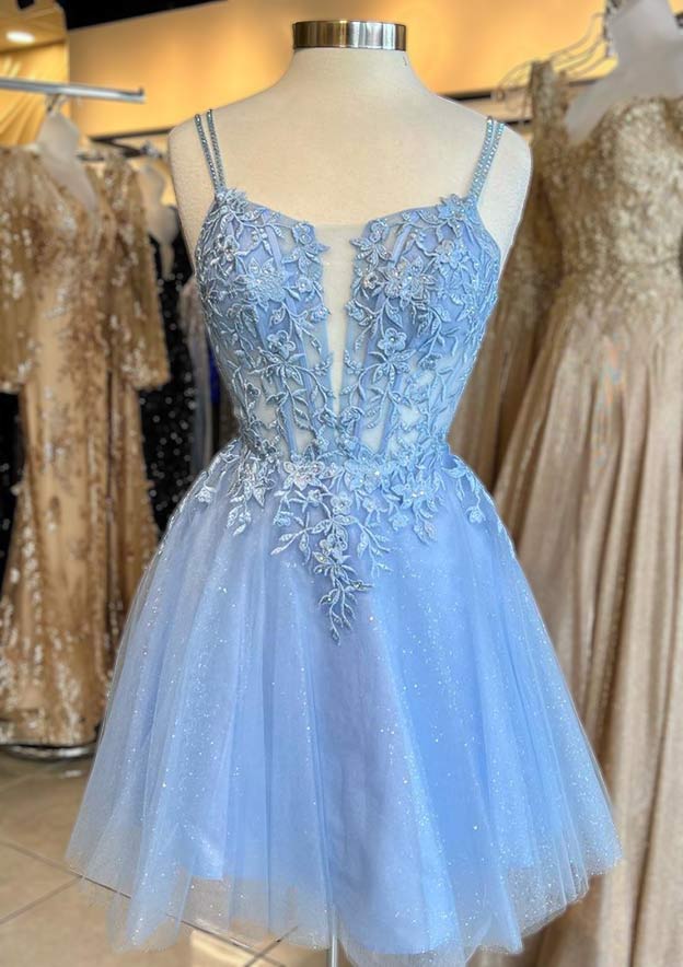 A-line V Neck Sleeveless Short/Mini Tulle Homecoming Dress with Appliqued Beading Glitter