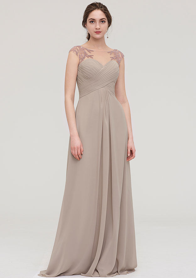 Chiffon Bridesmaid Dress A-line/Princess Scoop Neck Sleeveless Long/Floor-Length With Pleated Beading