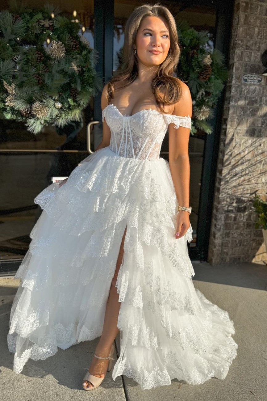 Sevoba|Pink Sequin Appliques Off-the-Shoulder Ruffle Tiered Long Prom Dress