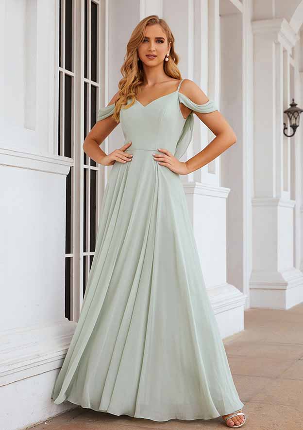 A-line Off-the-Shoulder Sleeveless Long/Floor-Length Chiffon Bridesmaid Dresses With Pleated