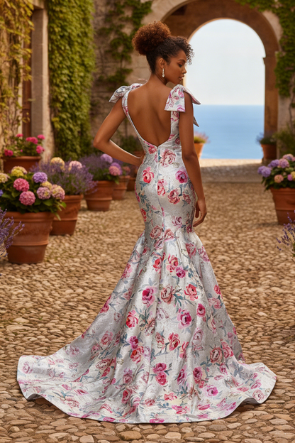 Luxury Deep V-Neck Mermaid Prom Dresses with Pink Floral Print | Sevoba