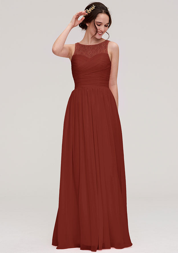 A-line/Princess Bateau Sleeveless Long/Floor-Length Chiffon Bridesmaid Dress With Pleated Lace