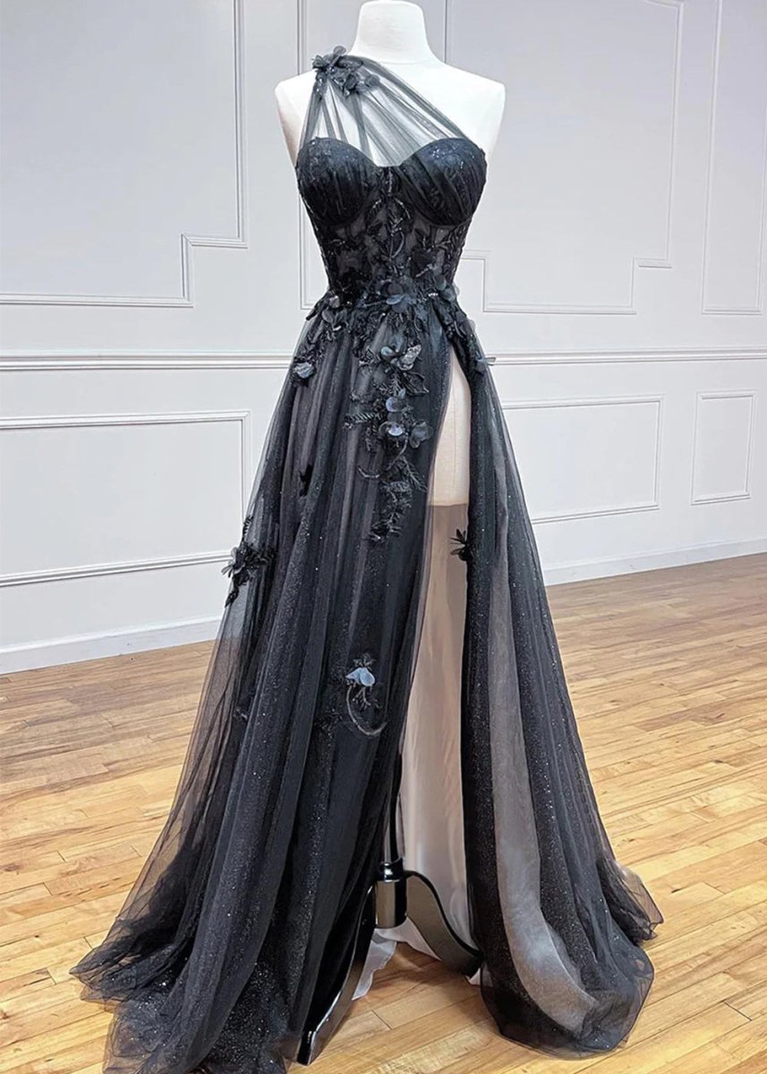 A Line One Shoulder Black Long Prom Dress with Appliques