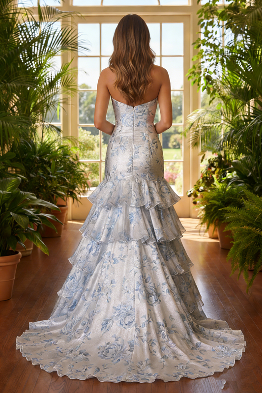 Luxury Mermaid Prom Dresses with Floral Pattern on Emerald Sheer Fabric | Sevoba