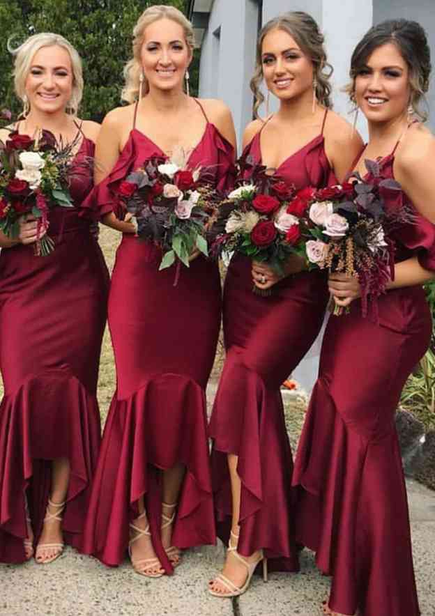 Trumpet/Mermaid V Neck Sleeveless Asymmetrical Charmeuse Bridesmaid Dresses With Ruffles