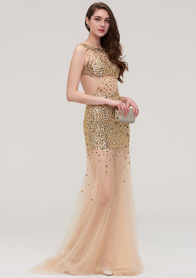 Sheath/Column Bateau Sleeveless Long/Floor-Length Organza Evening Dress With Beading