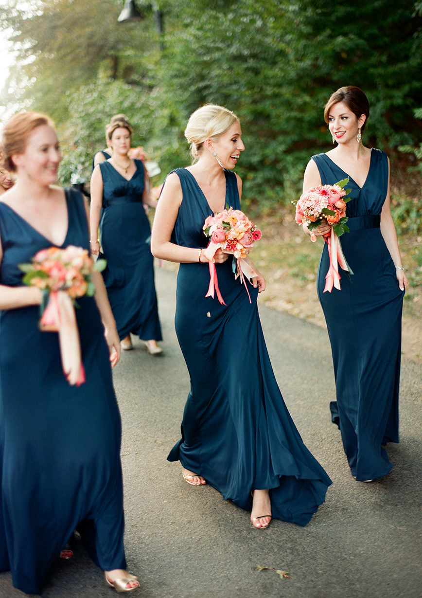 A-line V Neck Sleeveless Sweep Train Jersey Bridesmaid Dress with Pleated