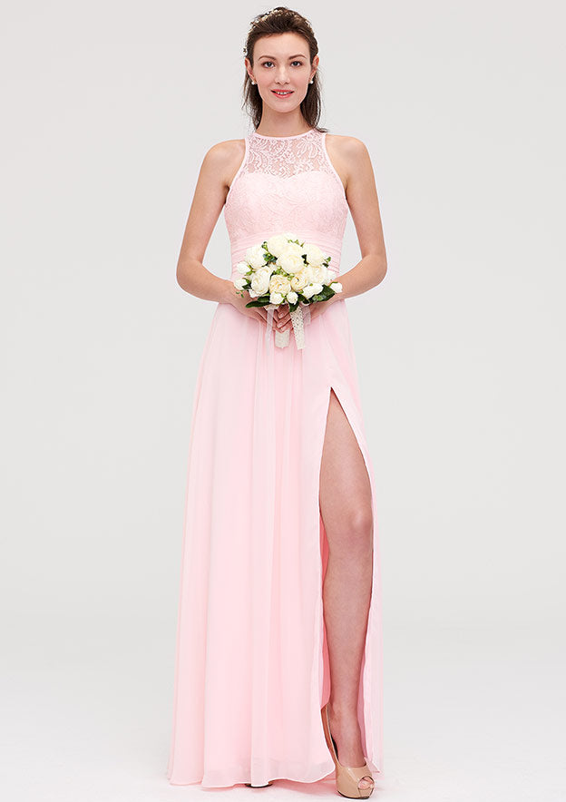 A-line/Princess Scoop Neck Sleeveless Long/Floor-Length Chiffon Bridesmaid Dresses With Split Lace