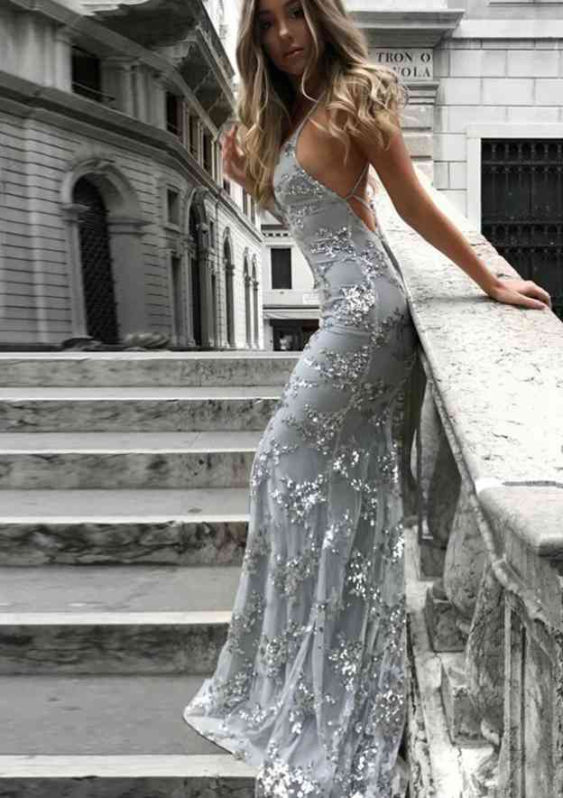 Trumpet/Mermaid V Neck Sleeveless Sweep Train Tulle Evening Dress With Beading Appliqued