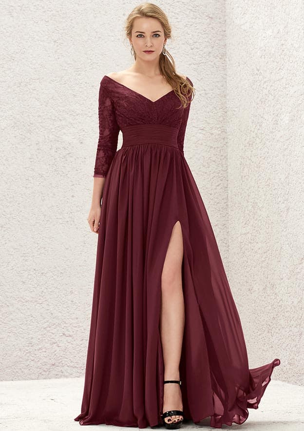 A-line V Neck Full/Long Sleeve Long/Floor-Length Chiffon Bridesmaid Dress With Lace Split Pleated