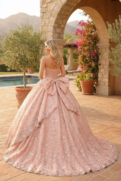 Charming Glitter Ball Gown Sleeveless Quinceañera Dress With Embroidery and Bow | Sevoba